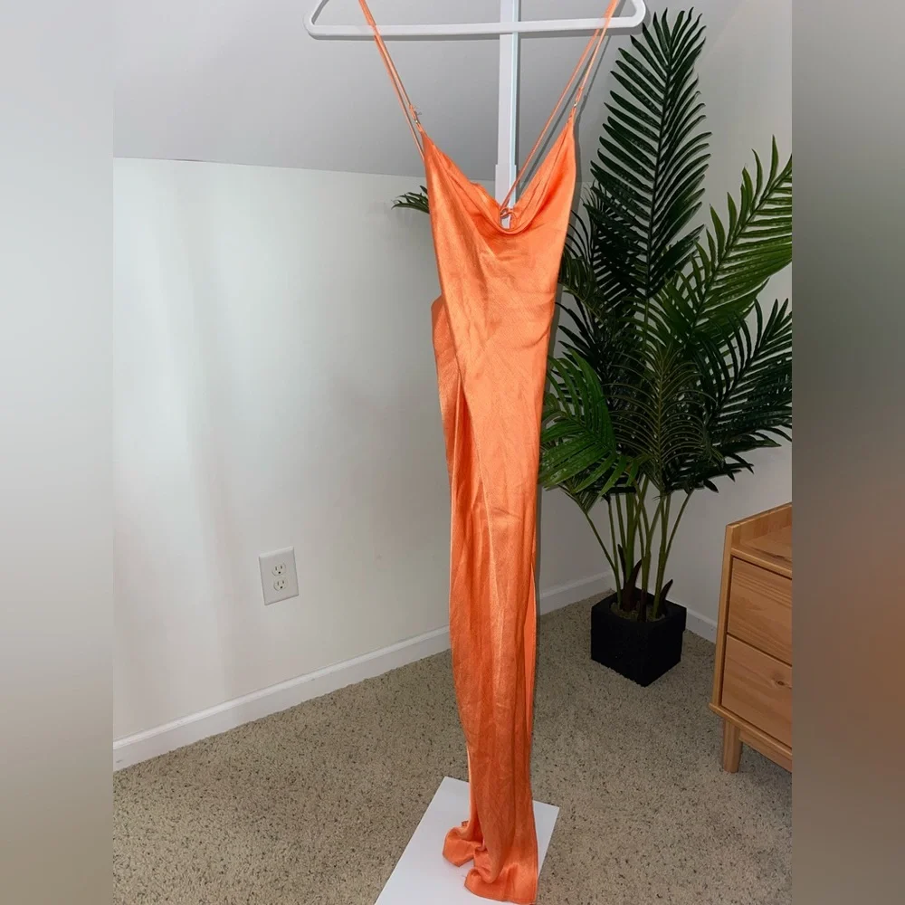 Bec & Bridge Annika Dress Sleeveless Cowl Neck Satin Slip Maxi Gown Orange 4‎